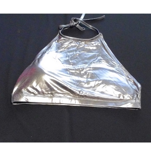 Unbranded Tops - Metallic Silver Halter Neck Crop Top Liquid Foil Festival Rave Wear Shiny Tank M